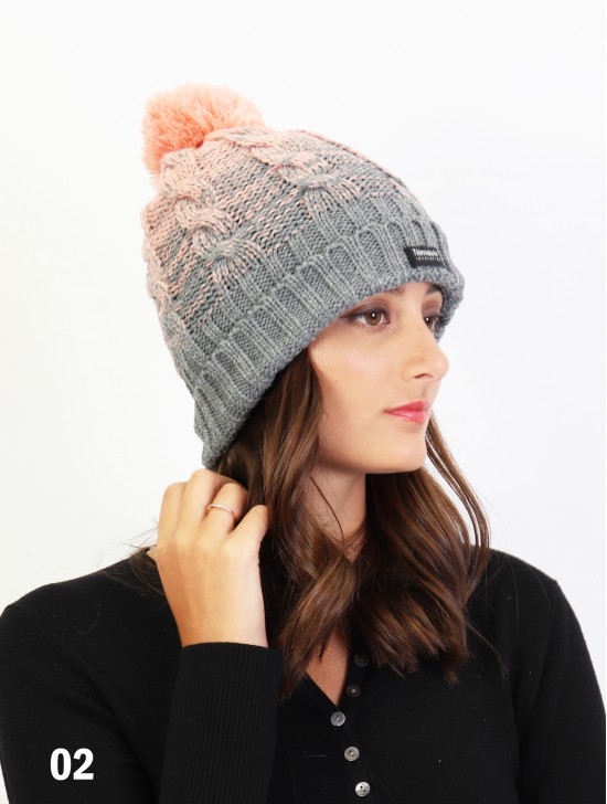 Two Tone Cable Knitted Hat W/ Pom Pom (Plush Inside)